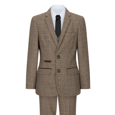 Boys 3 Piece Brown Suit Tweed Check Vintage Retro Tailored Fit 1920s