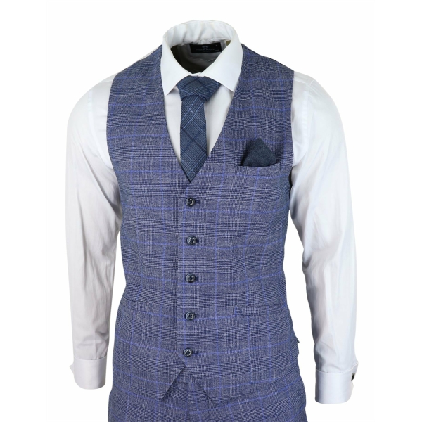 Mens 3 Piece Suit Blue Prince Of Wales Check Tailored Fit Summer Classic Vintage