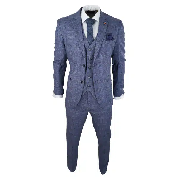 Mens 3 Piece Suit Blue Prince Of Wales Check Tailored Fit Summer Classic Vintage