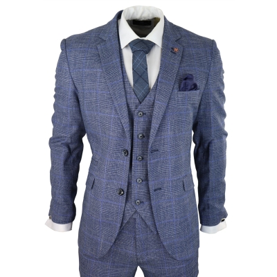 Mens 3 Piece Suit Blue Prince Of Wales Check Tailored Fit Summer Classic Vintage