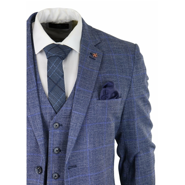 Mens 3 Piece Suit Blue Prince Of Wales Check Tailored Fit Summer Classic Vintage