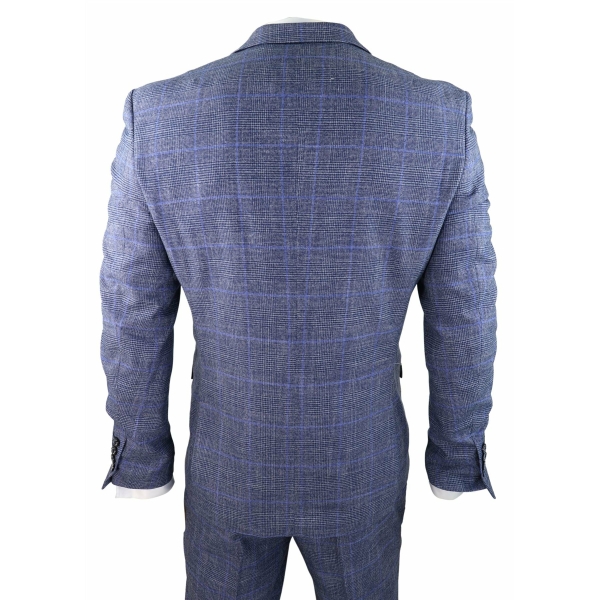 Mens 3 Piece Suit Blue Prince Of Wales Check Tailored Fit Summer Classic Vintage