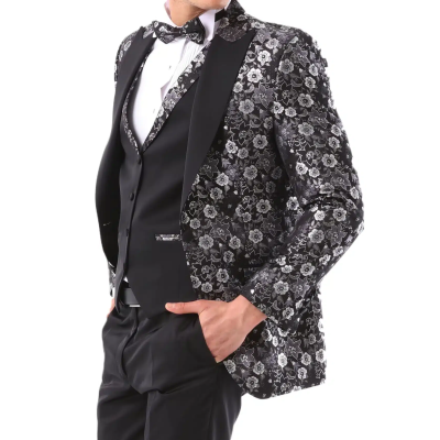 Mens Black Silver Paisley Tuxedo Suit 3 Piece Wedding Prom Party Grooms Tailored