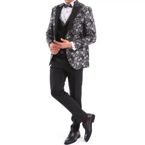 Mens Black Silver Paisley Tuxedo Suit 3 Piece Wedding Prom Party Grooms Tailored