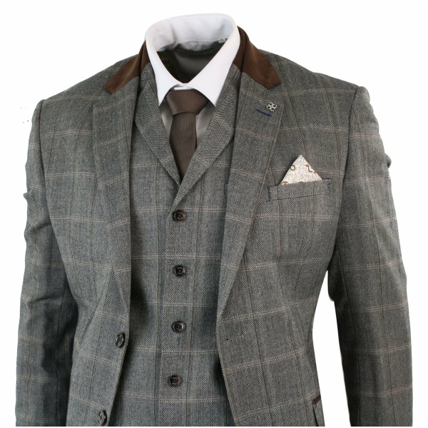 Mens Check Tweed 3 Piece Blue Navy Suit Vintage Retro Tailored Fit Prince Of Wales