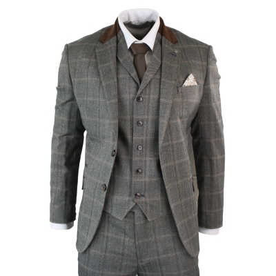 Mens Check Tweed 3 Piece Blue Navy Suit Vintage Retro Tailored Fit Prince Of Wales