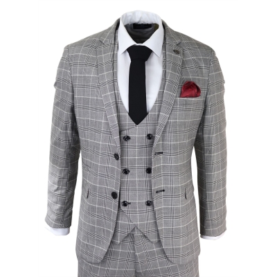 Mens Marc Darcy Grey Prince Of Wales Check Suit Ross Office Wedding Slim Fit Classic