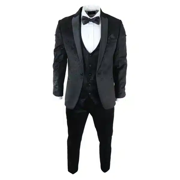 Mens Marc Darcy Velvet Paisley Black Fit 3 Piece Suit Tuxedo Dinner Jacket Wedding