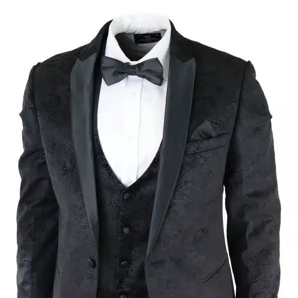 Mens Marc Darcy Velvet Paisley Black Fit 3 Piece Suit Tuxedo Dinner Jacket Wedding