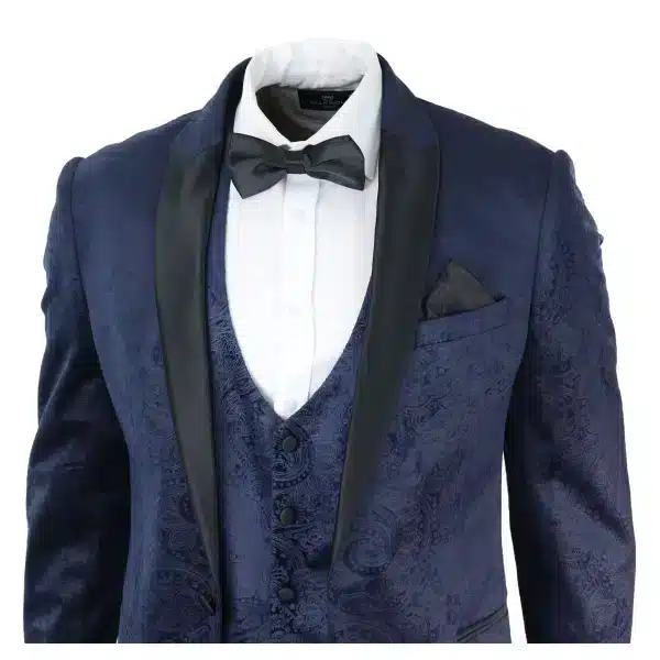 Mens Marc Darcy Velvet Paisley Blue Fit 3 Piece Suit Tuxedo Dinner Jacket Wedding