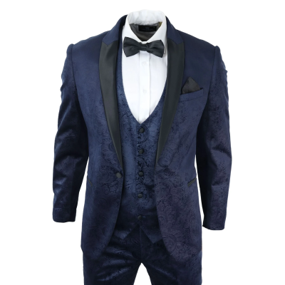 Mens Marc Darcy Velvet Paisley Blue Fit 3 Piece Suit Tuxedo Dinner Jacket Wedding