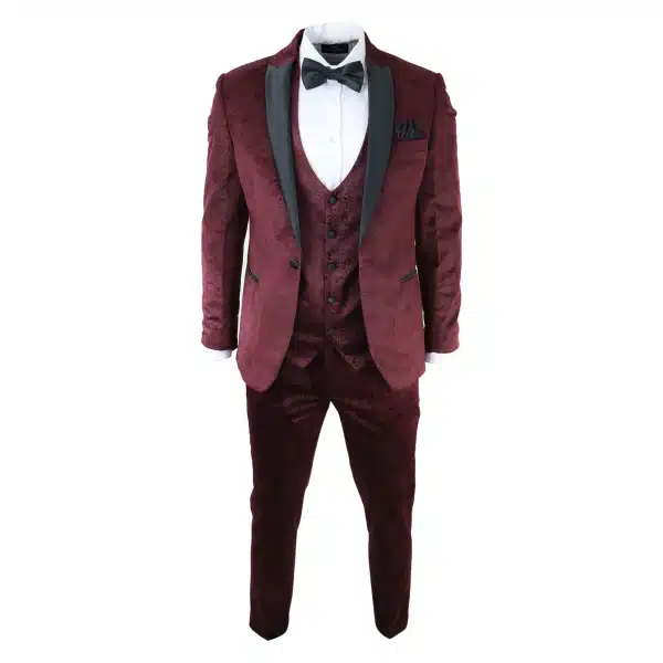 Mens Marc Darcy Velvet Paisley Burgundy Fit 3 Piece Suit Tuxedo Dinner Jacket Wedding