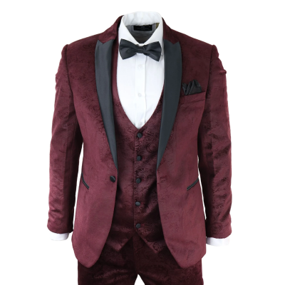 Mens Marc Darcy Velvet Paisley Burgundy Fit 3 Piece Suit Tuxedo Dinner Jacket Wedding