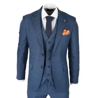 Mens 3 Piece Prince Of Wales Check Suit Blue Classic Light Tailored Fit Modern