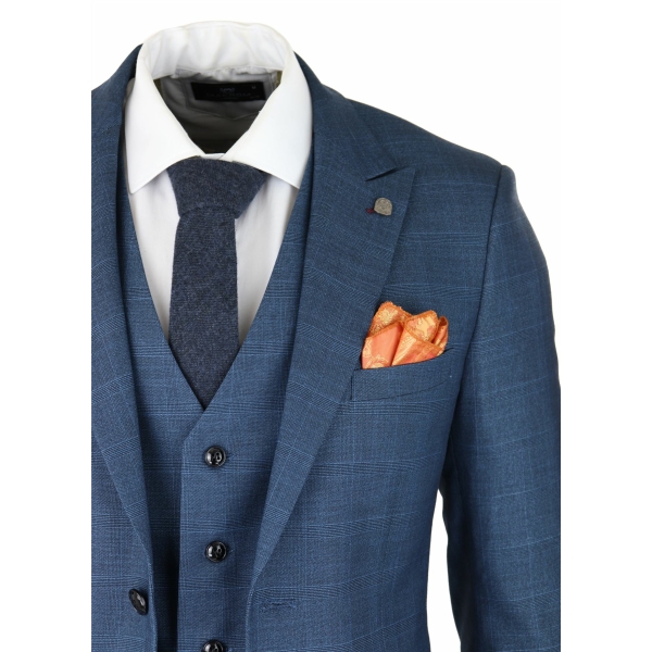 Mens 3 Piece Prince Of Wales Check Suit Blue Classic Light Tailored Fit Modern