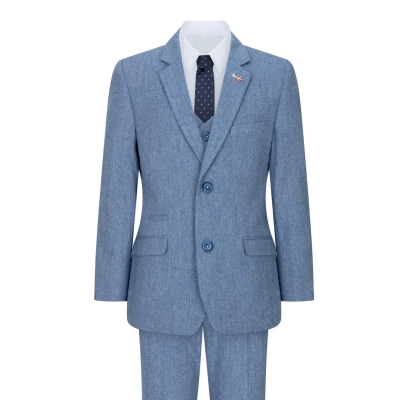 Boys 3 Piece Wool Suit Light Blue Tweed Vintage 1920s Classic 4 Pocket Waistcoat