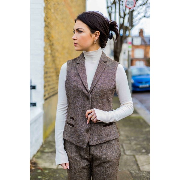 Womens Waistcoat 1920s Vintage Blinders Tan Brown Herringbone Tailored Fit