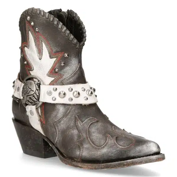 New Rock WSTM004-S2 Grey White Leather Cowboy Western Pointed Boots Vintage