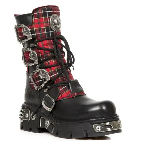 New Rock 391T-S1 Black Leather Tartan Gothic Boots Punk EMO Military