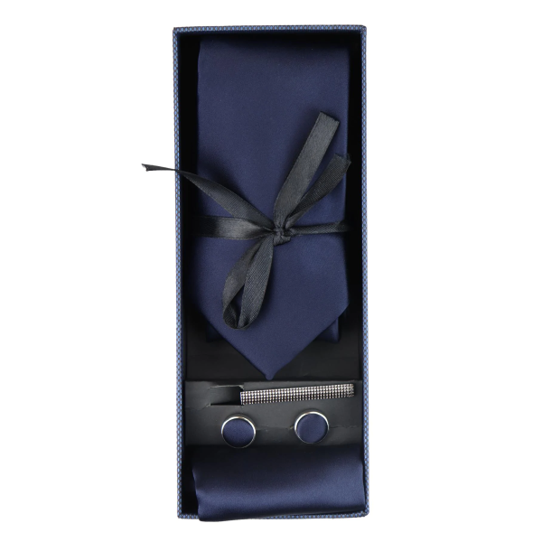 Satin Silk Navy Tie Gift Set Pocket Square Cuff Links Tie Shiny Satin