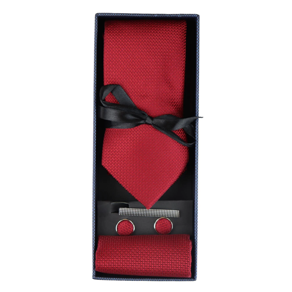 Satin Silk Textured Red Tie Gift Set Pocket Square Cuff Links Tie Matt Satin