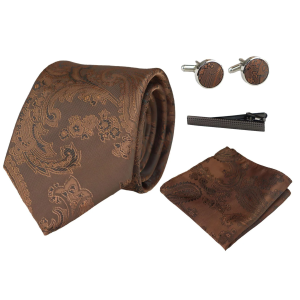 Paisley Neck Brown Tie Gift Set Pocket Square Cuff Links Tie Floral Satin