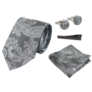 Paisley Neck Grey Tie Gift Set Pocket Square Cuff Links Tie Floral Satin