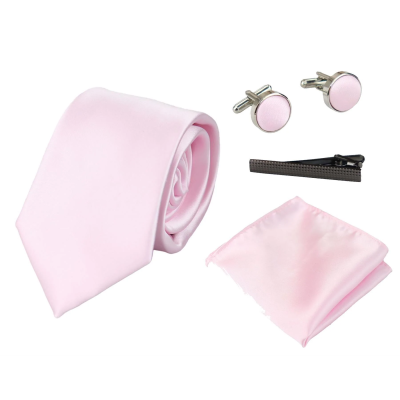 Satin Silk Pink Tie Gift Set Pocket Square Cuff Links Tie Shiny Satin