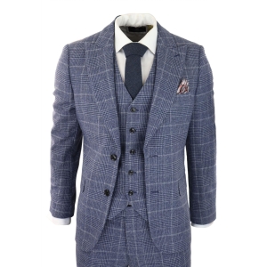 Mens Tweed Wool Check Suit 3 Piece Vintage Classic Blue Grey Tailored Fit