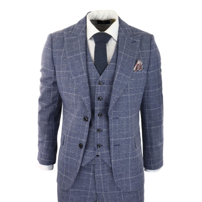 Mens Tweed Wool Check Suit 3 Piece Vintage Classic Blue Grey Tailored Fit