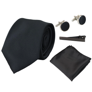 Satin Silk Black Tie Gift Set Pocket Square Cuff Links Tie Shiny Satin