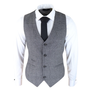 Mens Classic Waistcoat Prince Of Wales Check Grey Slim Fit Vintage Wedding