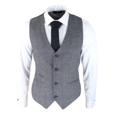 Mens Classic Waistcoat Prince Of Wales Check Grey Slim Fit Vintage Wedding