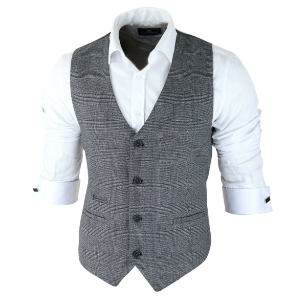 Mens Classic Waistcoat Prince Of Wales Check Grey Slim Fit Vintage Wedding