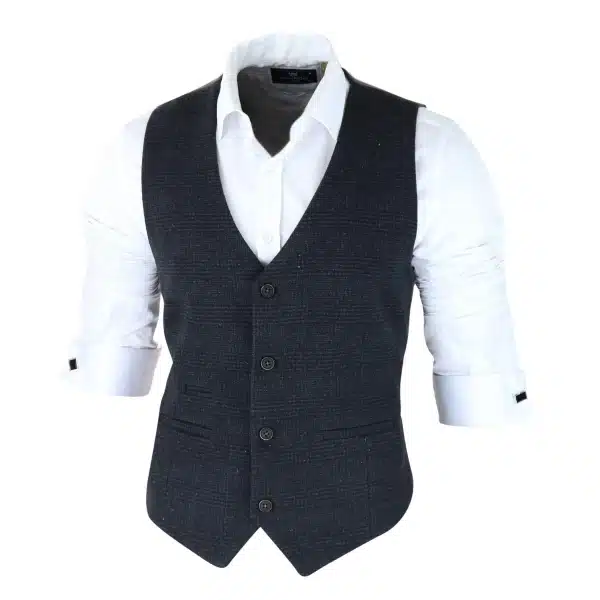 Mens Classic Waistcoat Prince Of Wales Check Black Slim Fit Vintage Wedding