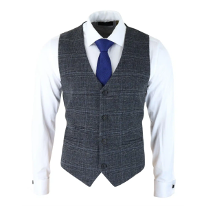 Mens Classic Waistcoat Prince Of Wales Check Dark Grey Slim Fit Vintage Wedding