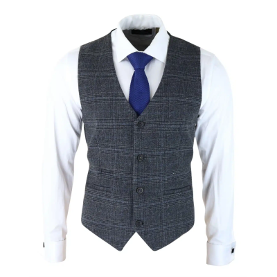 Mens Classic Waistcoat Prince Of Wales Check Dark Grey Slim Fit Vintage Wedding