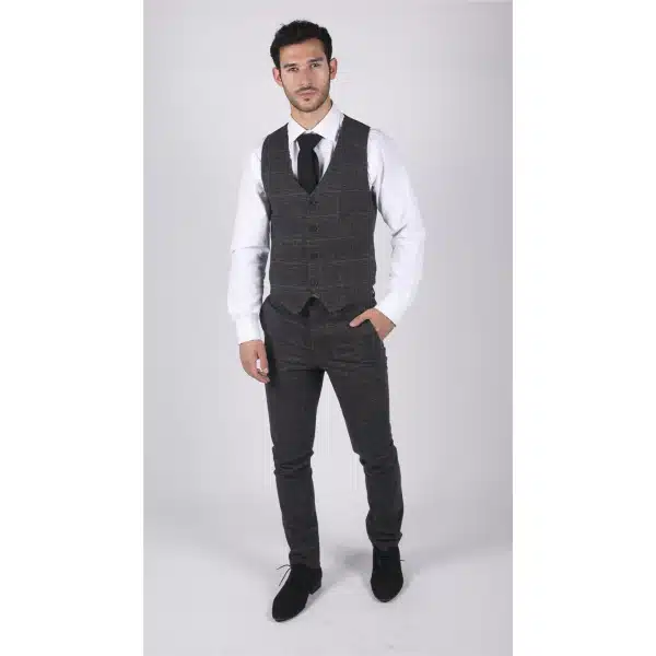 Mens Classic Waistcoat Prince Of Wales Check Dark Grey Slim Fit Vintage Wedding