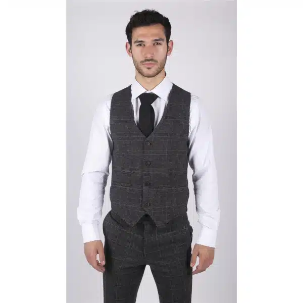 Mens Classic Waistcoat Prince Of Wales Check Dark Grey Slim Fit Vintage Wedding