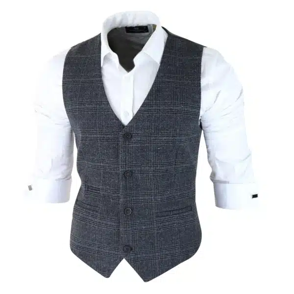 Mens Classic Waistcoat Prince Of Wales Check Dark Grey Slim Fit Vintage Wedding