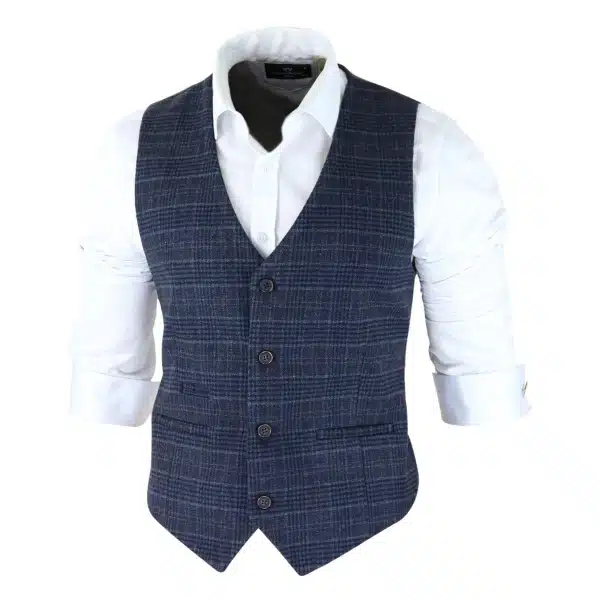 Mens Classic Waistcoat Prince Of Wales Check Blue Slim Fit Vintage Wedding