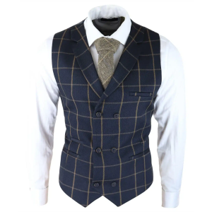 Mens Classic Waistcoat Prince Of Wales Check Navy Slim Fit Vintage Wedding