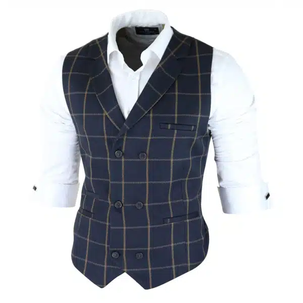 Mens Classic Waistcoat Prince Of Wales Check Navy Slim Fit Vintage Wedding