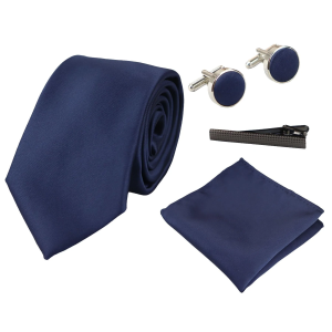 Satin Silk Navy Tie Gift Set Pocket Square Cuff Links Tie Shiny Satin