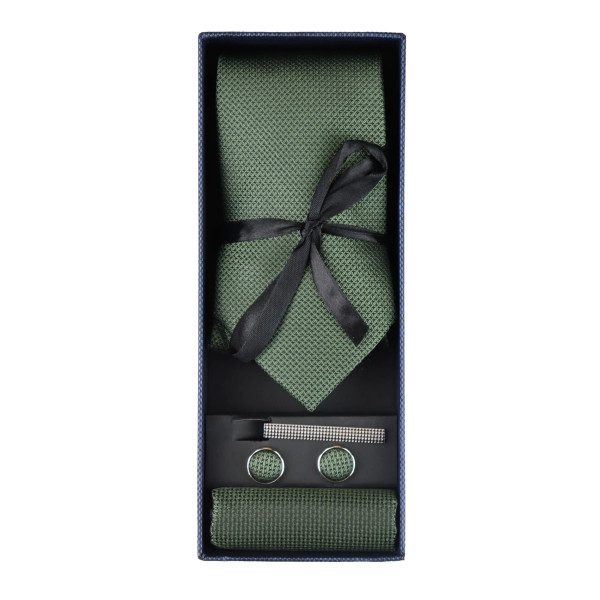 Satin Silk Textured Green Tie Gift Set Pocket Square Cuff Links Tie Matt Satin