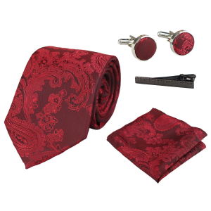 Paisley Neck Red Tie Gift Set Pocket Square Cuff Links Tie Floral Satin