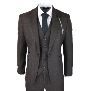 Mens 3 Piece Check Suit Tweed Black Brown Tailored Fit Wedding Peaky Classic