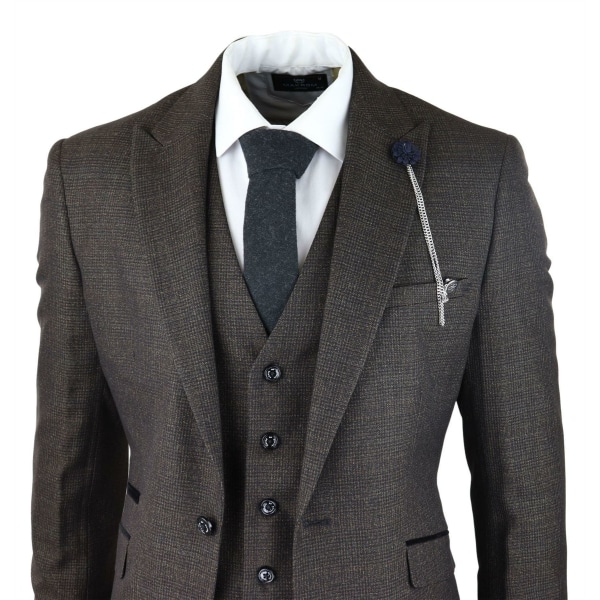 Mens 3 Piece Check Suit Tweed Black Brown Tailored Fit Wedding Peaky Classic