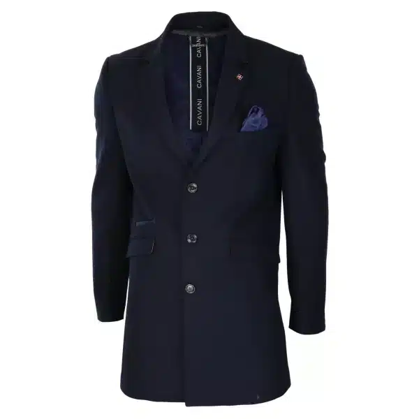 Cavani Mens Classic 3/4 Length Navy Overcoat