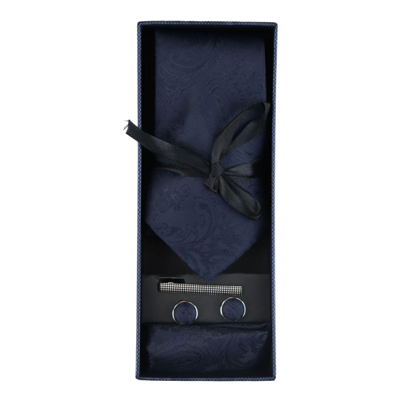 Paisley Neck Navy Tie Gift Set Pocket Square Cuff Links Tie Floral Satin